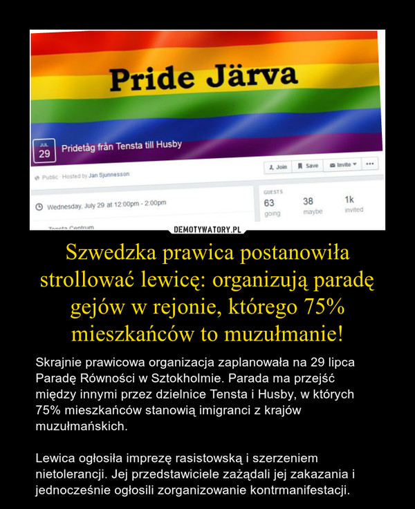 Szwedzka prawica postanowiła strollować lewicę: organizują paradę gejów w rejonie, którego 75% mieszkańców to muzułmanie!