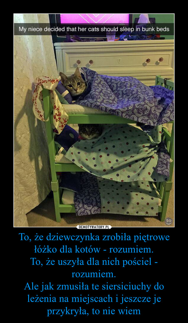 To, że dziewczynka zrobiła piętrowe łóżko dla kotów - rozumiem.To, że uszyła dla nich pościel - rozumiem.Ale jak zmusiła te siersiciuchy do leżenia na miejscach i jeszcze je przykryła, to nie wiem –  