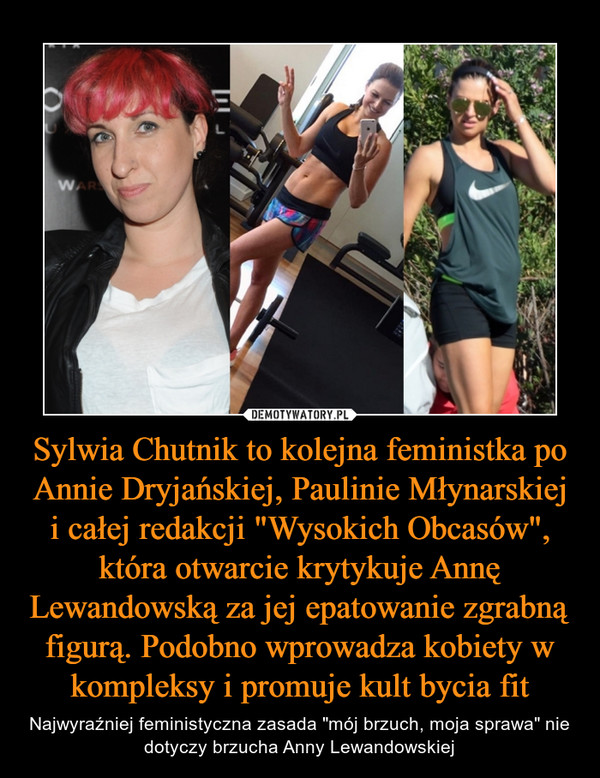 Sylwia Chutnik to kolejna feministka po Annie Dryjańskiej, Paulinie Młynarskiej i całej redakcji "Wysokich Obcasów", która otwarcie krytykuje Annę Lewandowską za jej epatowanie zgrabną figurą. Podobno wprowadza kobiety w kompleksy i promuje kult bycia fit