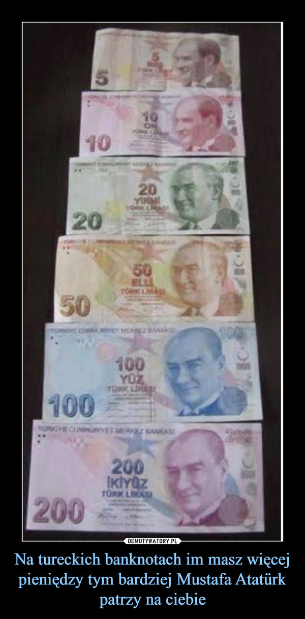Na tureckich banknotach im masz więcej pieniędzy tym bardziej Mustafa Atatürk patrzy na ciebie –  