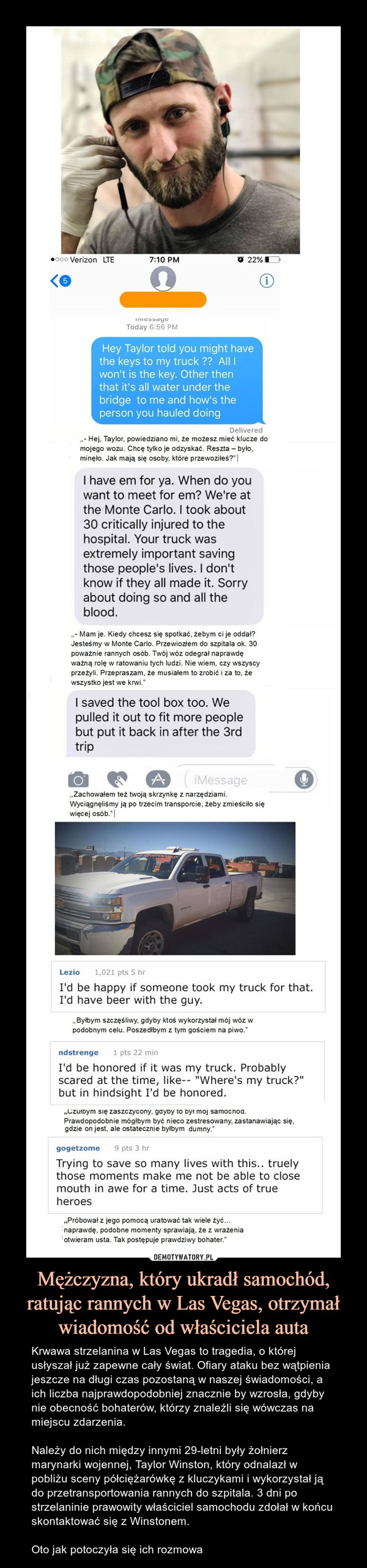 Mężczyzna, który ukradł samochód, ratując rannych w Las Vegas, otrzymał wiadomość od właściciela auta