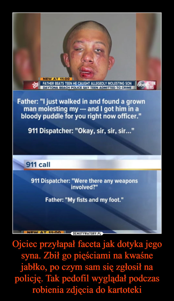 Ojciec przyłapał faceta jak dotyka jego syna. Zbił go pięściami na kwaśne jabłko, po czym sam się zgłosił na policję. Tak pedofil wyglądał podczas robienia zdjęcia do kartoteki