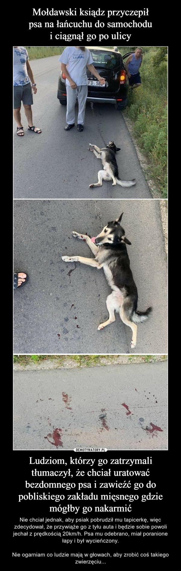 Mołdawski ksiądz przyczepił
psa na łańcuchu do samochodu
i ciągnął go po ulicy Ludziom, którzy go zatrzymali tłumaczył, że chciał uratować bezdomnego psa i zawieźć go do pobliskiego zakładu mięsnego gdzie mógłby go nakarmić