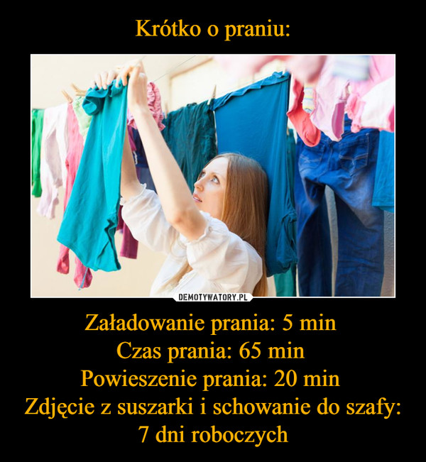 Krótko o praniu: Załadowanie prania: 5 min 
Czas prania: 65 min 
Powieszenie prania: 20 min 
Zdjęcie z suszarki i schowanie do szafy: 7 dni roboczych