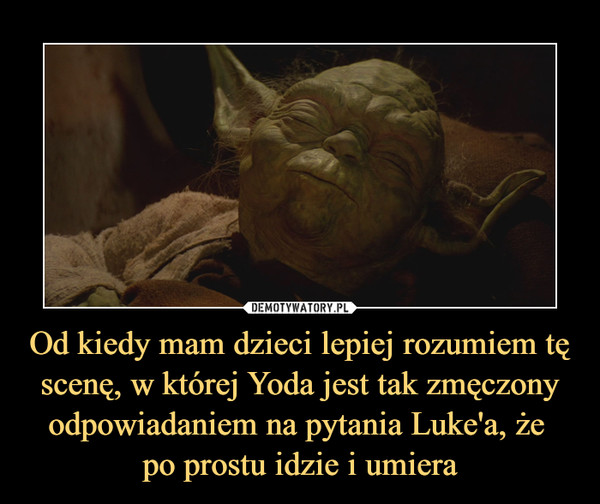 Od kiedy mam dzieci lepiej rozumiem tę scenę, w której Yoda jest tak zmęczony odpowiadaniem na pytania Luke'a, że po prostu idzie i umiera –  