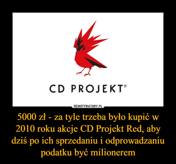 USA Intuition Ni 5000 zł - za tyle trzeba było kupić w 2010 roku akcje CD Projekt Red, aby  dziś po ich sprzedaniu i odprowadzaniu podatku być milionerem –  Demotywatory.pl