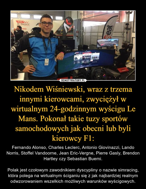 Nikodem Wiśniewski, wraz z trzema innymi kierowcami, zwyciężył w wirtualnym 24-godzinnym wyścigu Le Mans. Pokonał takie tuzy sportów samochodowych jak obecni lub byli kierowcy F1: