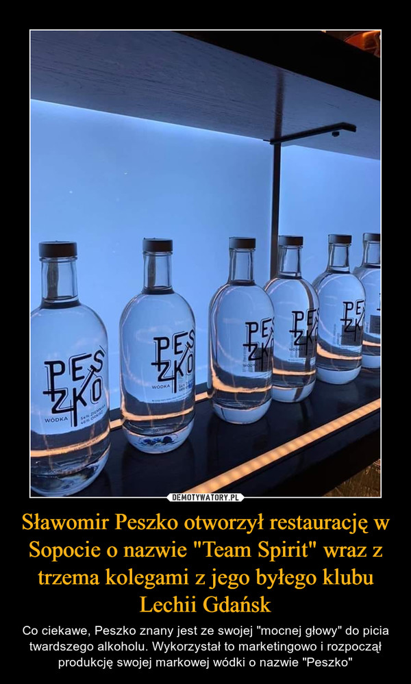 Sławomir Peszko otworzył restaurację w Sopocie o nazwie "Team Spirit" wraz z trzema kolegami z jego byłego klubu Lechii Gdańsk – Co ciekawe, Peszko znany jest ze swojej "mocnej głowy" do picia twardszego alkoholu. Wykorzystał to marketingowo i rozpoczął produkcję swojej markowej wódki o nazwie "Peszko" 