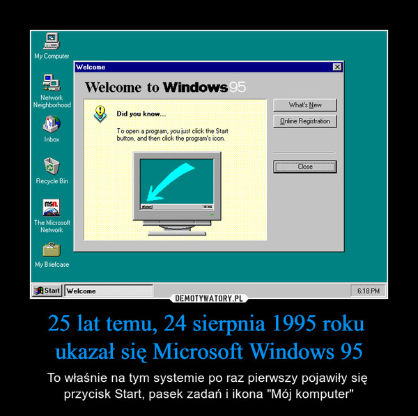 25 lat temu, 24 sierpnia 1995 roku ukazał się Microsoft Windows 95 – To właśnie na tym systemie po raz pierwszy pojawiły się przycisk Start, pasek zadań i ikona "Mój komputer" 
