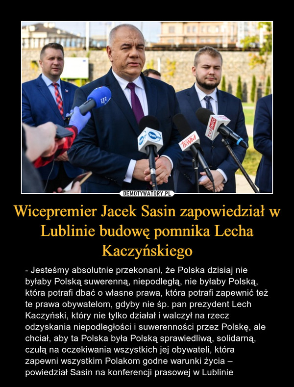Wicepremier Jacek Sasin zapowiedział w Lublinie budowę pomnika Lecha Kaczyńskiego