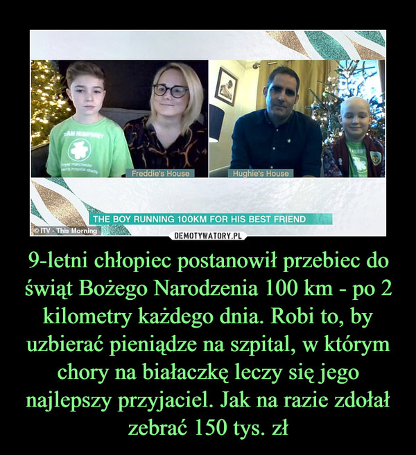 9-letni chłopiec postanowił przebiec do świąt Bożego Narodzenia 100 km - po 2 kilometry każdego dnia. Robi to, by uzbierać pieniądze na szpital, w którym chory na białaczkę leczy się jego najlepszy przyjaciel. Jak na razie zdołał zebrać 150 tys. zł –  