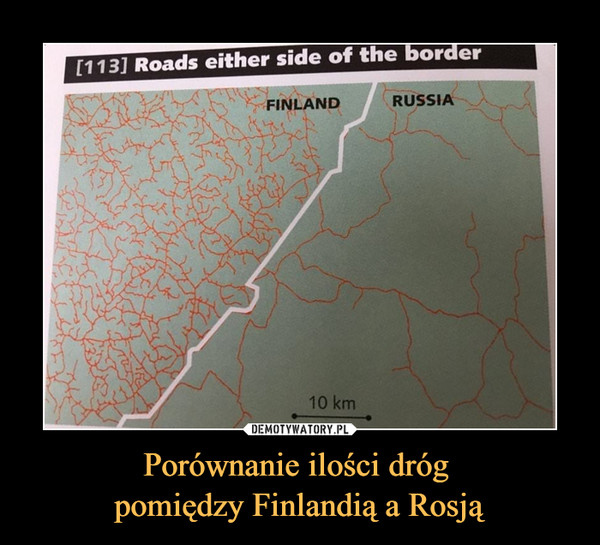 Porównanie ilości dróg pomiędzy Finlandią a Rosją –  Roads either side of the border