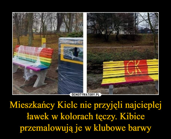 Mieszkańcy Kielc nie przyjęli najcieplej ławek w kolorach tęczy. Kibice przemalowują je w klubowe barwy –  
