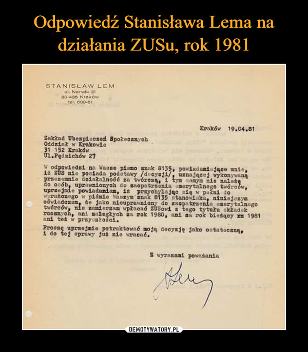 Odpowiedź Stanisława Lema na działania ZUSu, rok 1981