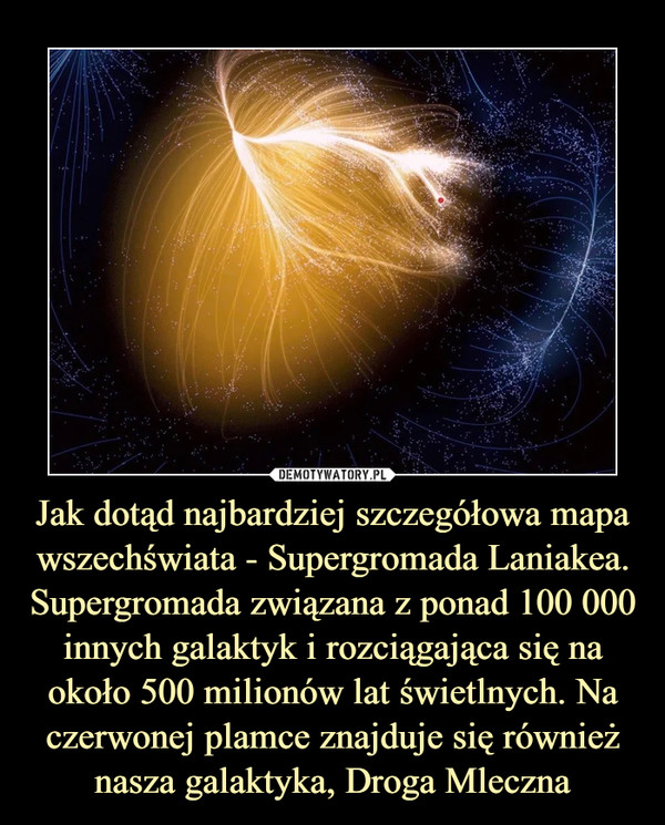 Jak dotąd najbardziej szczegółowa mapa wszechświata - Supergromada Laniakea. Supergromada związana z ponad 100 000 innych galaktyk i rozciągająca się na około 500 milionów lat świetlnych. Na czerwonej plamce znajduje się również nasza galaktyka, Droga Mleczna