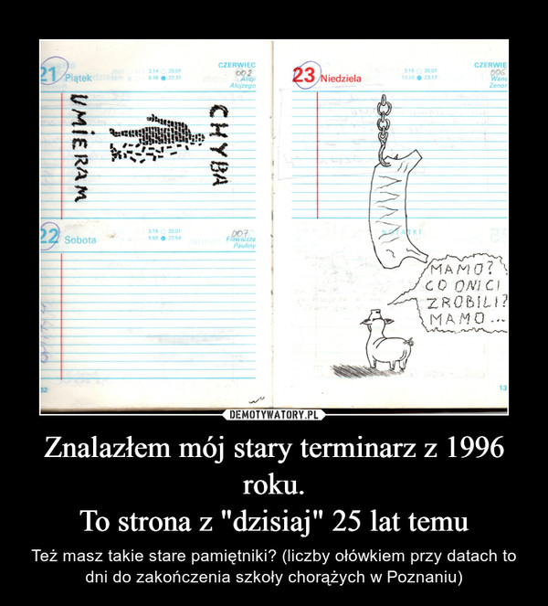 Znalazłem mój stary terminarz z 1996 roku.To strona z "dzisiaj" 25 lat temu – Też masz takie stare pamiętniki? (liczby ołówkiem przy datach to dni do zakończenia szkoły chorążych w Poznaniu) 