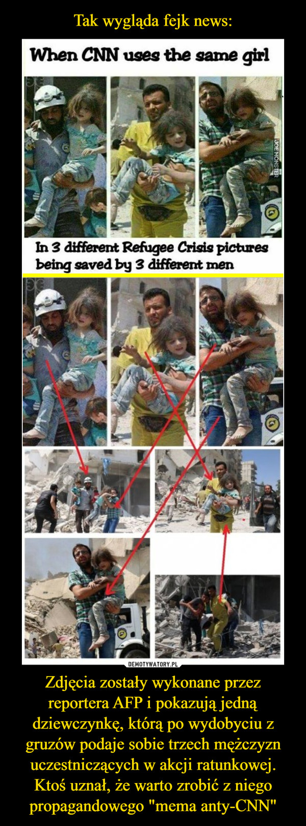 Tak wygląda fejk news: Zdjęcia zostały wykonane przez reportera AFP i pokazują jedną dziewczynkę, którą po wydobyciu z gruzów podaje sobie trzech mężczyzn uczestniczących w akcji ratunkowej. Ktoś uznał, że warto zrobić z niego propagandowego "mema anty-CNN"