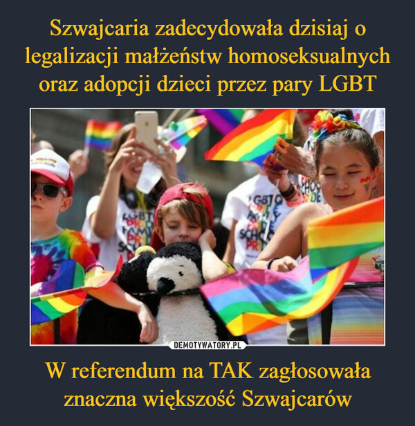 Szwajcaria zadecydowała dzisiaj o legalizacji małżeństw homoseksualnych oraz adopcji dzieci przez pary LGBT W referendum na TAK zagłosowała znaczna większość Szwajcarów