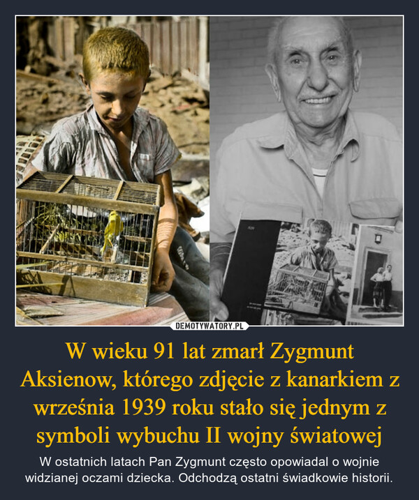 W wieku 91 lat zmarł Zygmunt Aksienow, którego zdjęcie z kanarkiem z września 1939 roku stało się jednym z symboli wybuchu II wojny światowej