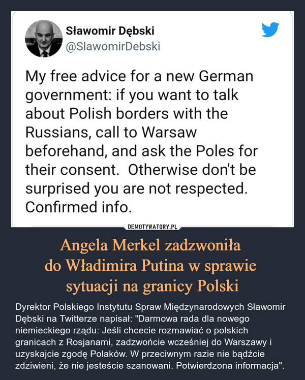 Angela Merkel zadzwoniła 
do Władimira Putina w sprawie 
sytuacji na granicy Polski