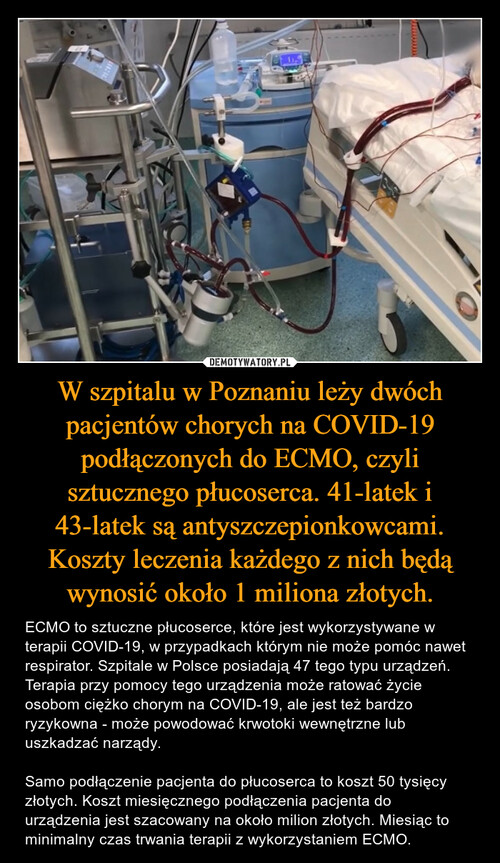 W szpitalu w Poznaniu leży dwóch pacjentów chorych na COVID-19 podłączonych do ECMO, czyli sztucznego płucoserca. 41-latek i 43-latek są antyszczepionkowcami. Koszty leczenia każdego z nich będą wynosić około 1 miliona złotych.