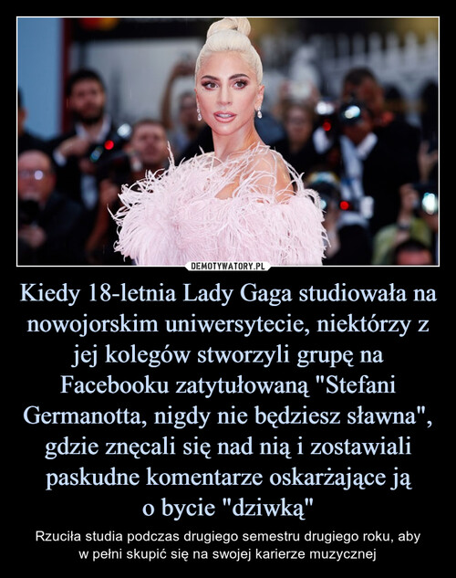 Kiedy 18-letnia Lady Gaga studiowała na nowojorskim uniwersytecie, niektórzy z jej kolegów stworzyli grupę na Facebooku zatytułowaną "Stefani Germanotta, nigdy nie będziesz sławna", gdzie znęcali się nad nią i zostawiali paskudne komentarze oskarżające ją
o bycie "dziwką"