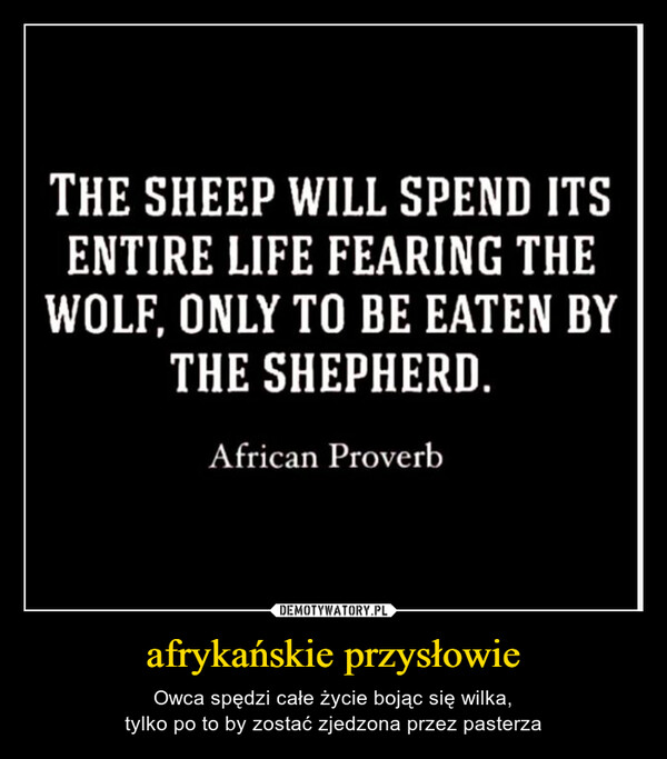 afrykańskie przysłowie – Owca spędzi całe życie bojąc się wilka,tylko po to by zostać zjedzona przez pasterza 