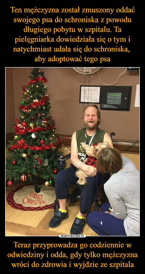 Ten mężczyzna został zmuszony oddać swojego psa do schroniska z powodu długiego pobytu w szpitalu. Ta pielęgniarka dowiedziała się o tym i natychmiast udała się do schroniska, 
aby adoptować tego psa Teraz przyprowadza go codziennie w odwiedziny i odda, gdy tylko mężczyzna wróci do zdrowia i wyjdzie ze szpitala