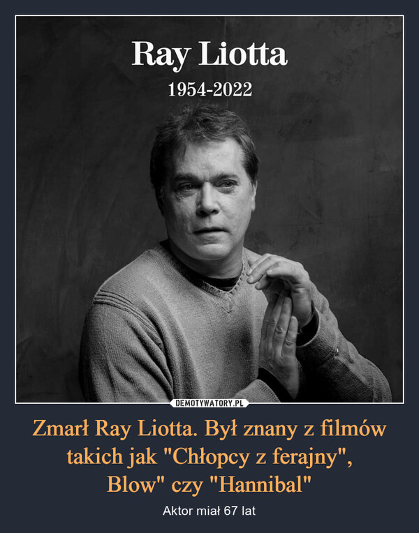 Zmarł Ray Liotta. Był znany z filmów takich jak "Chłopcy z ferajny",Blow" czy "Hannibal" – Aktor miał 67 lat 