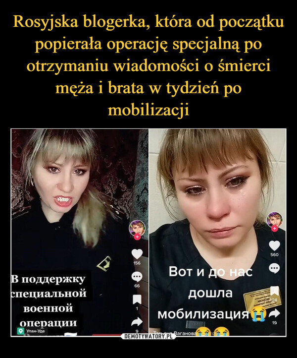 Rosyjska blogerka, która od początku popierała operację specjalną po otrzymaniu wiadomości o śmierci męża i brata w tydzień po mobilizacji