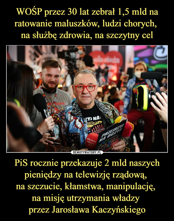 WOŚP przez 30 lat zebrał 1,5 mld na ratowanie maluszków, ludzi chorych, 
na służbę zdrowia, na szczytny cel PiS rocznie przekazuje 2 mld naszych pieniędzy na telewizję rządową, 
na szczucie, kłamstwa, manipulację, 
na misję utrzymania władzy 
przez Jarosława Kaczyńskiego