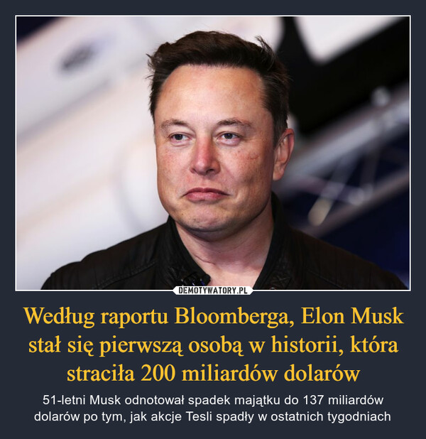 Według raportu Bloomberga, Elon Musk stał się pierwszą osobą w historii, która straciła 200 miliardów dolarów – 51-letni Musk odnotował spadek majątku do 137 miliardów dolarów po tym, jak akcje Tesli spadły w ostatnich tygodniach 