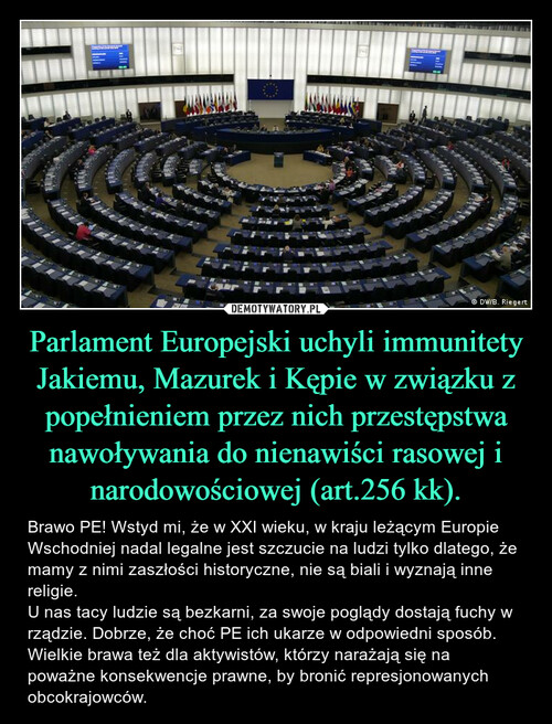 Parlament Europejski uchyli immunitety Jakiemu, Mazurek i Kępie w związku z popełnieniem przez nich przestępstwa nawoływania do nienawiści rasowej i narodowościowej (art.256 kk).