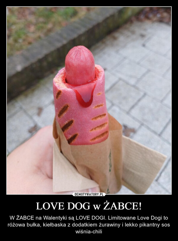LOVE DOG w ŻABCE! – W ŻABCE na Walentyki są LOVE DOGI. Limitowane Love Dogi to różowa bułka, kiełbaska z dodatkiem żurawiny i lekko pikantny sos wiśnia-chili 