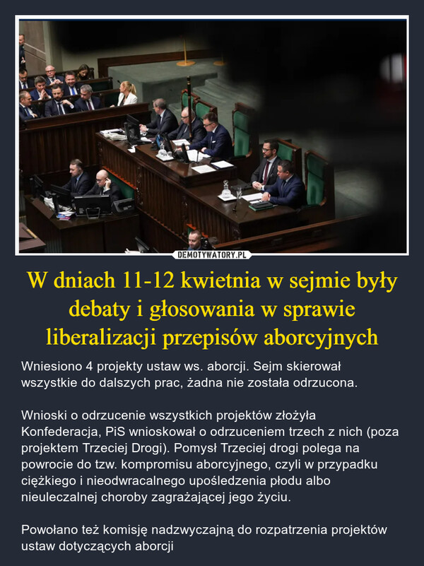 W dniach 11-12 kwietnia w sejmie były debaty i głosowania w sprawie liberalizacji przepisów aborcyjnych