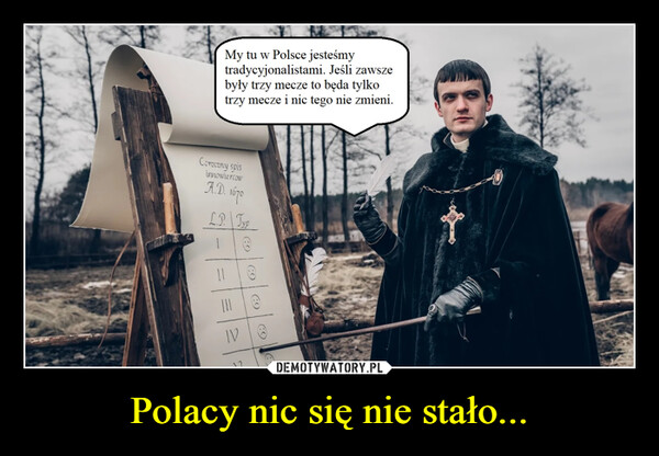 Polacy nic się nie stało... –  My tu w Polsce jesteśmytradycyjonalistami. Jeśli zawszebyły trzy mecze to będa tylkotrzy mecze i nic tego nie zmieni.Coroczny spisinnowiercowA.D.1670LP. Typ1118@IV 8