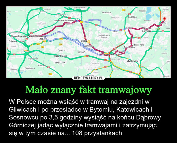 Mało znany fakt tramwajowy – W Polsce można wsiąść w tramwaj na zajezdni w Gliwicach i po przesiadce w Bytomiu, Katowicach i Sosnowcu po 3,5 godziny wysiąść na końcu Dąbrowy Górniczej jadąc wyłącznie tramwajami i zatrzymując się w tym czasie na... 108 przystankach HELENKAWICEROKITNICASZOBISZOWICE88MIECHOWICEPiekary SiąskieKARB94Bytom Plac Sikorskiego911MIKULCZYCESZOMBIERKI94Gliwice Zajezdnia O Gliwice Zajezdnia-A1GliwiceSOŚNICATRYNEKA1A4RUDAZabrze902902902925921PrzyszowicePaniówki44GierałtowiceKnurów925WIREKRuda ŚląskaHALEMBA79ChorzOSIEDLETYSIĄCLECIACHORZÓWBATORYA4WojkowiceGRODZIEC91386ŁAGISZAZĄBKOWICEPreczówPOGORIATWORZEŃBędzin94CzeladźDąbrowaGórniczaE75STRZ94SiemianowiceŚląskieZAGÓRZE94Sielec ParkSosnowiecE75586SZOPIENICEKatowice Plac WolnościNIKISZOWIECA4MysłowiceMACZKISZCBRYNÓW81LIGOTAOCHOJECPIOTROWICEGISZOWIECA4Jaworzn