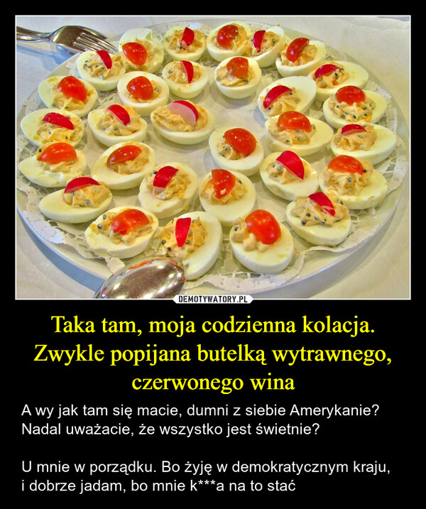 Taka tam, moja codzienna kolacja. Zwykle popijana butelką wytrawnego, czerwonego wina – A wy jak tam się macie, dumni z siebie Amerykanie? Nadal uważacie, że wszystko jest świetnie?U mnie w porządku. Bo żyję w demokratycznym kraju, i dobrze jadam, bo mnie k***a na to stać 